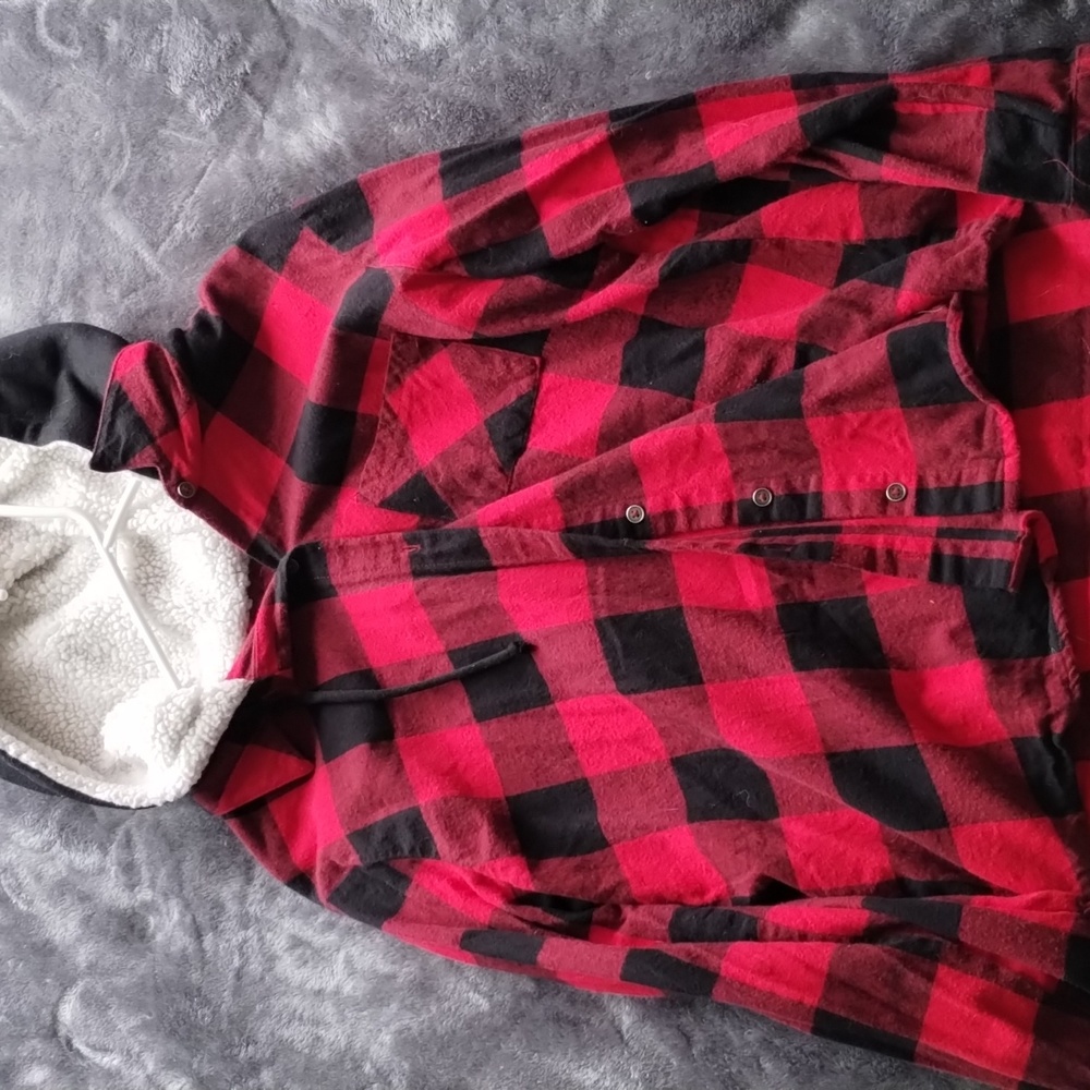 Plaid button up hooded sweatshirt